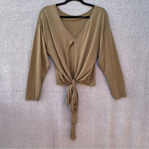 NEW Zara Perfect Basics Olive Long Sleeve Open Tie Back Top Sz S - Picture 4 of 8